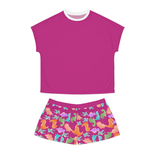 Womens Dinosaur Print Pajama Set Cozy Sleepwear Perfect for Relaxation Gift for Her Cute Loungewear Summer Nights Dinosaur Lovers Rainbow Dinos Pink