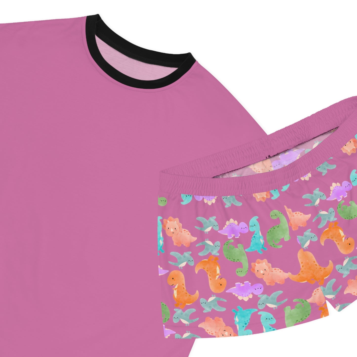 Womens Dinosaur Print Pajama Set Cozy Sleepwear Perfect for Relaxation Gift for Her Cute Loungewear Summer Nights Dinosaur Lovers Rainbow Dinos Light Pink
