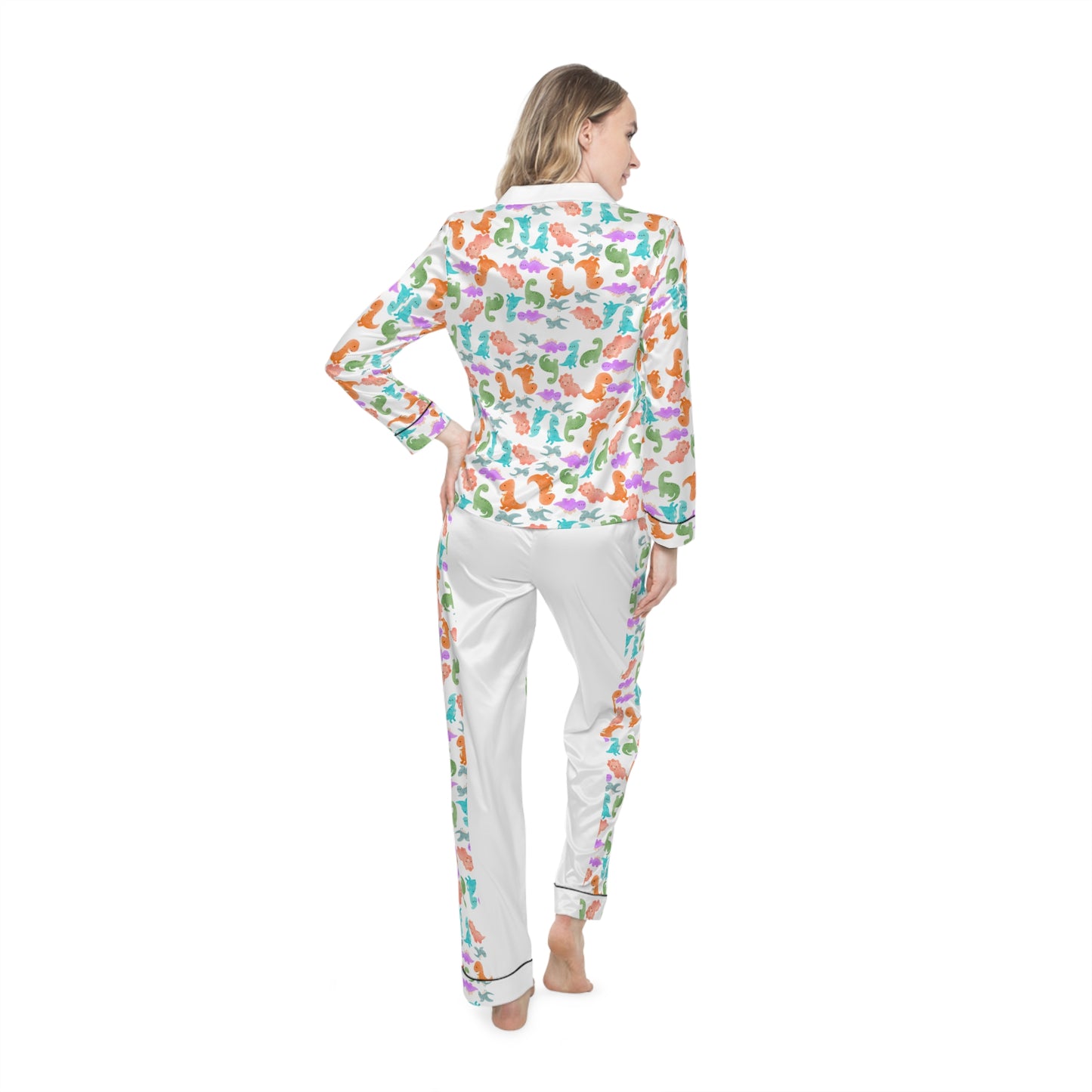 Colorful Womens Satin Pajamas Set Cozy Sleepwear Cute Loungewear for Celebrations Birthday Gift for Her Relaxation Clothing Rainbow Dinos Dark Red