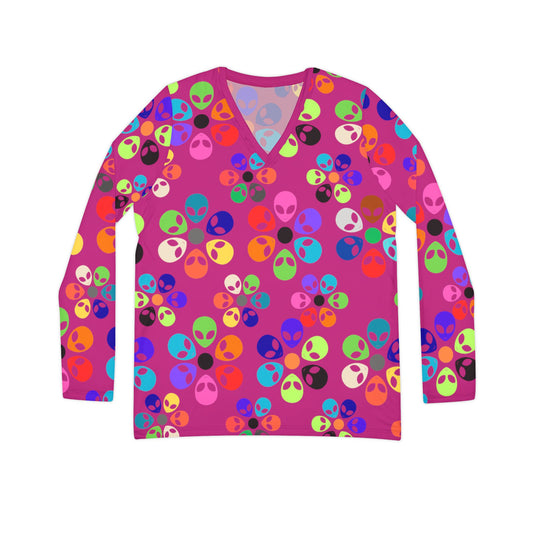 Colorful Alien Print Womens Long Sleeve VNeck Shirt Fun VNeck Tee Boho Style Top Unique Gift for SciFi Lovers Casual Everyday Wear Alien Rainbow Flowers Pink