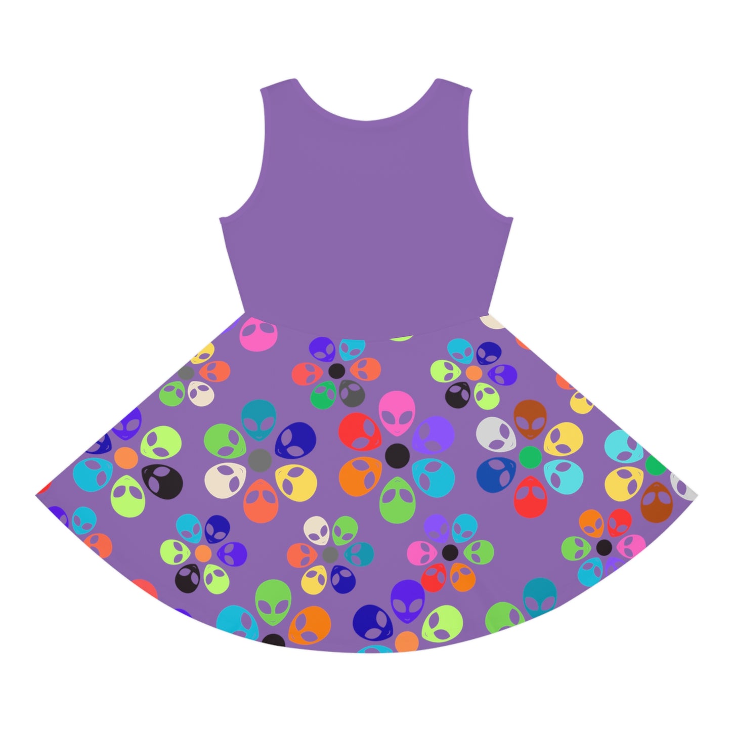 Colorful Alien Print Girls Sundress Summer Dress Kids Fashion Birthday Outfit Playful Dress Unique Gifts for Girls Alien Rainbow Flowers Light Purple