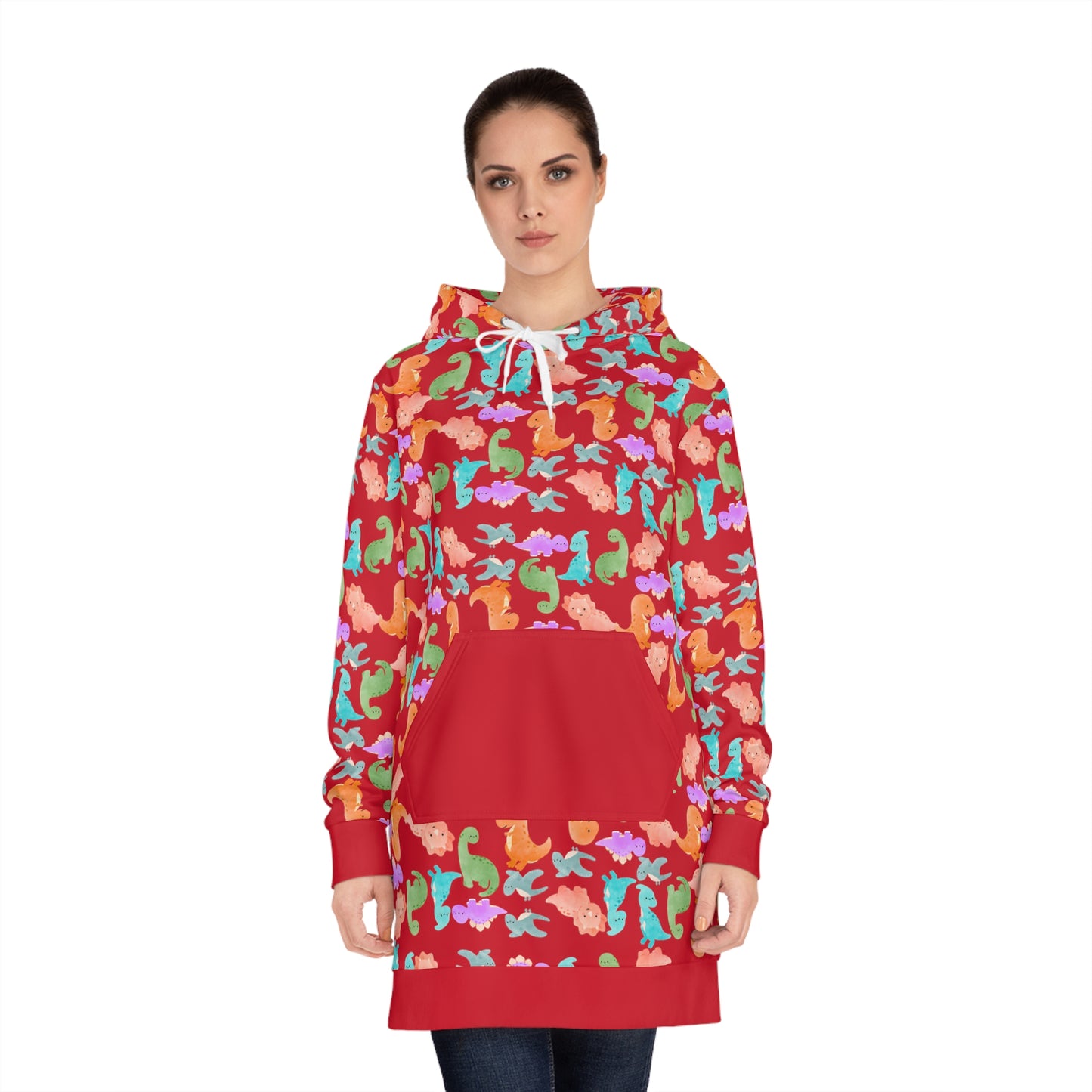 Womens Hoodie Dress Rainbow Dinos Dark Red
