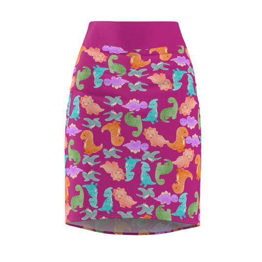 Whimsical Dino Pencil Skirt Fun Pencil Skirt for Summer Cute AOP Skirt for Women Vibrant Skirt for Parties Beachwear Rainbow Dinos Pink