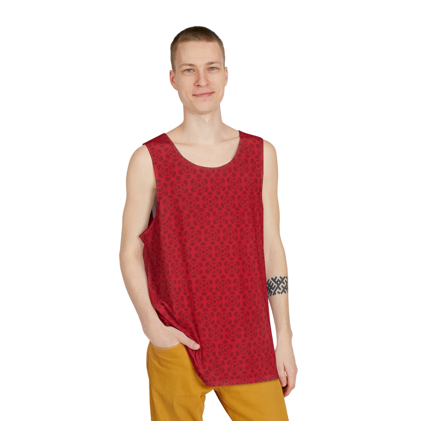 Stylish Mens Tank Top  AOP Leopard Print Summer Wear Fitness Gear Casual Apparel Trendy Vacation Outfit Alien Flowers Dark Red