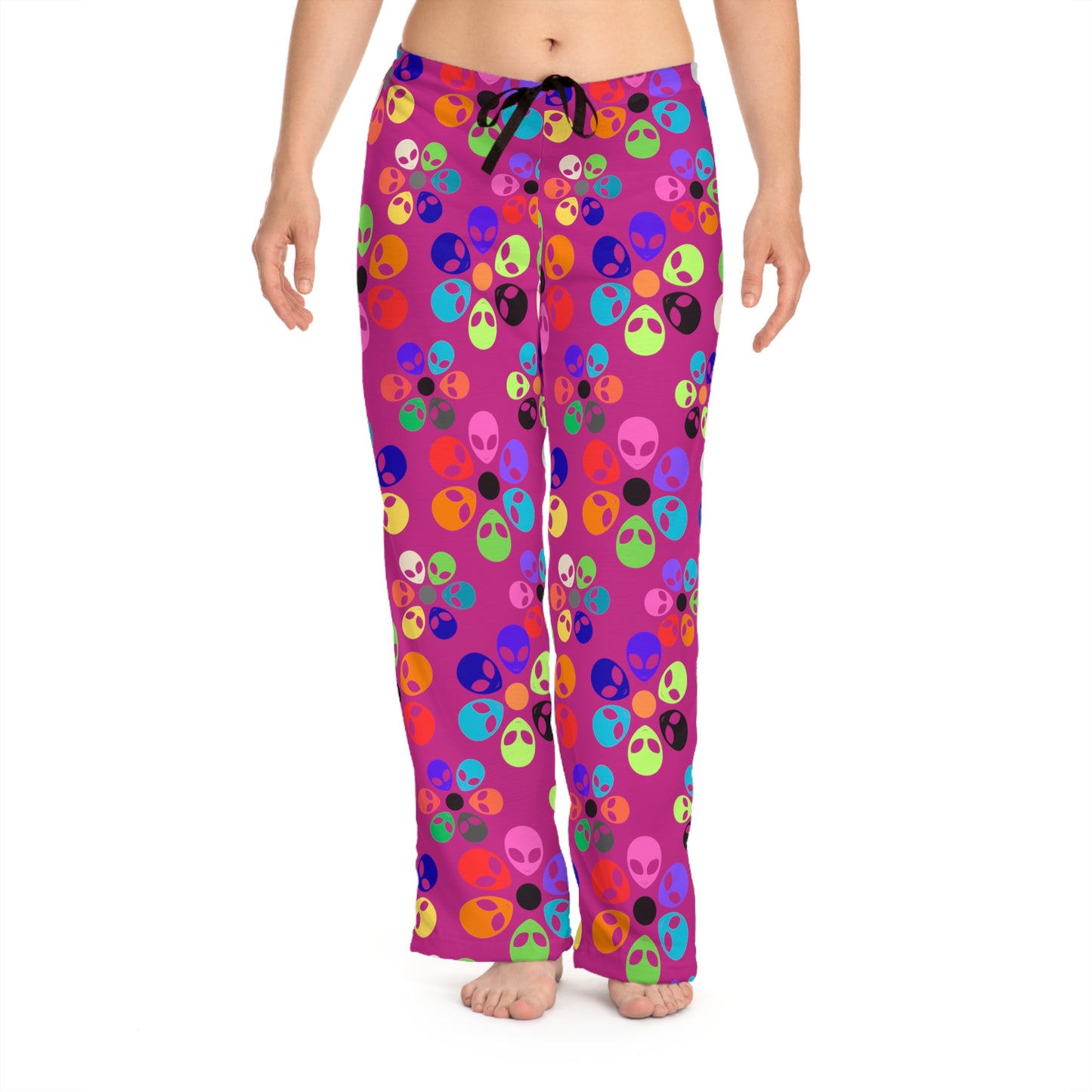 Colorful Alien Print Womens Pajama Pants Fun Loungewear Sleepwear for Alien Lovers Great Gift for Birthdays Relaxation Alien Rainbow Flowers Pink