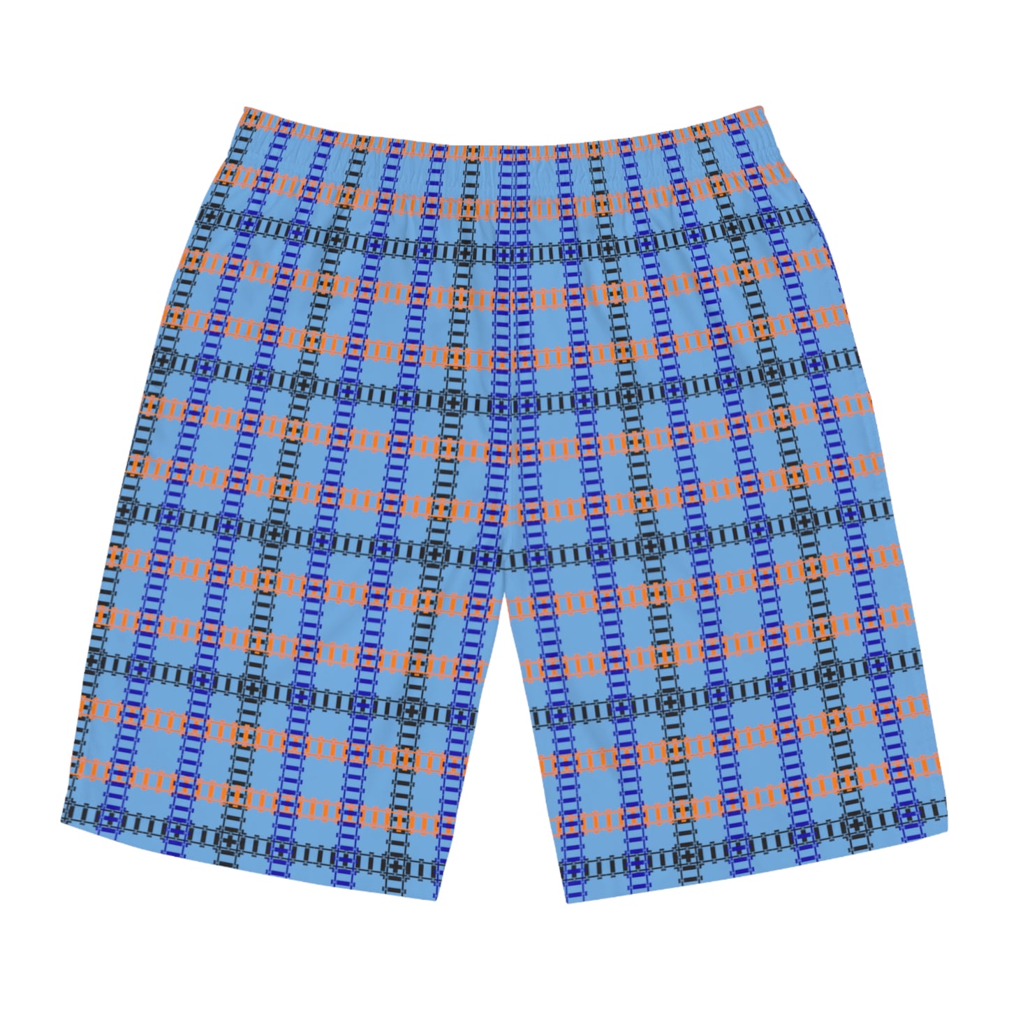 Vibrant Mens Board Shorts Perfect for Summer Beach Days and Pool Parties | Stylish Swimwear Train Tracks Light Blue