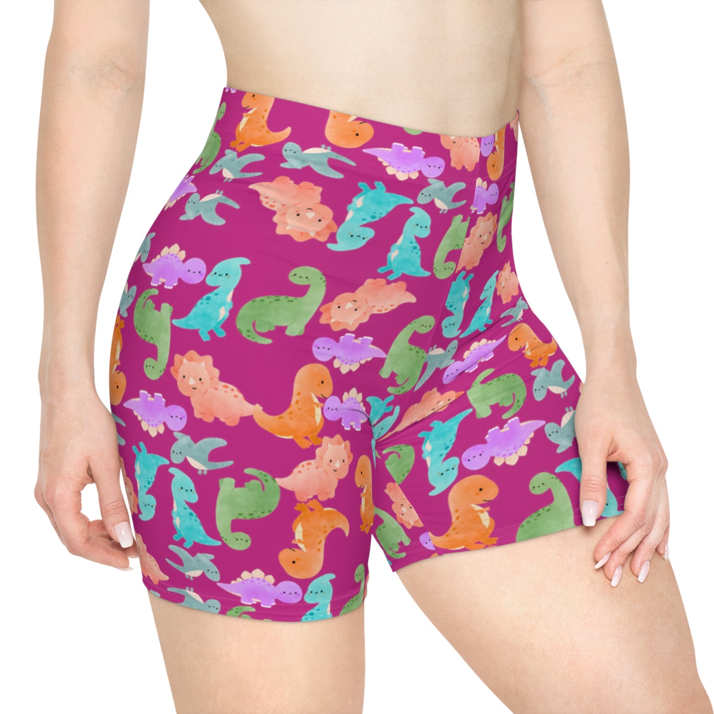 Colorful Dinosaur Womens Biker Shorts  AOP Perfect for Casual Wear workout Summer Birthdays Playdates Unique Gift Rainbow Dinos Pink