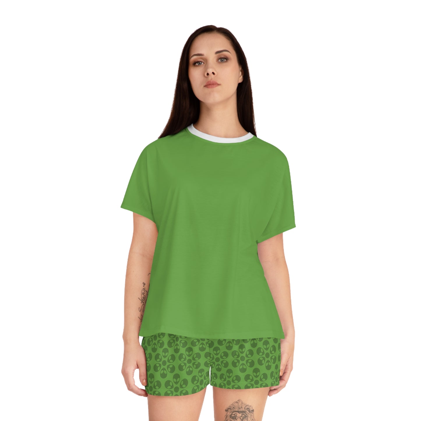 Stylish Womens Pajama Set Cozy Sleepwear AOP Floral Print Perfect for Lounging Gift for Her Summer Nights Relaxation Alien Flowers Green