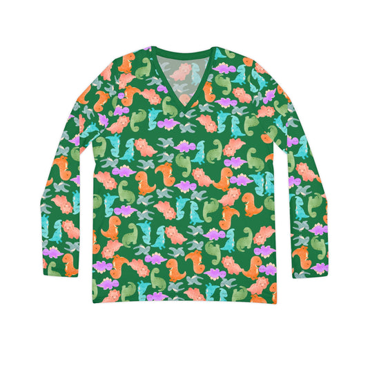 Vibrant Dino Print Womens Long Sleeve Vneck Shirt Beachwear Summer Tops Unique Gift Casual Style Vacation Wardrobe Rainbow Dinos Dark Green