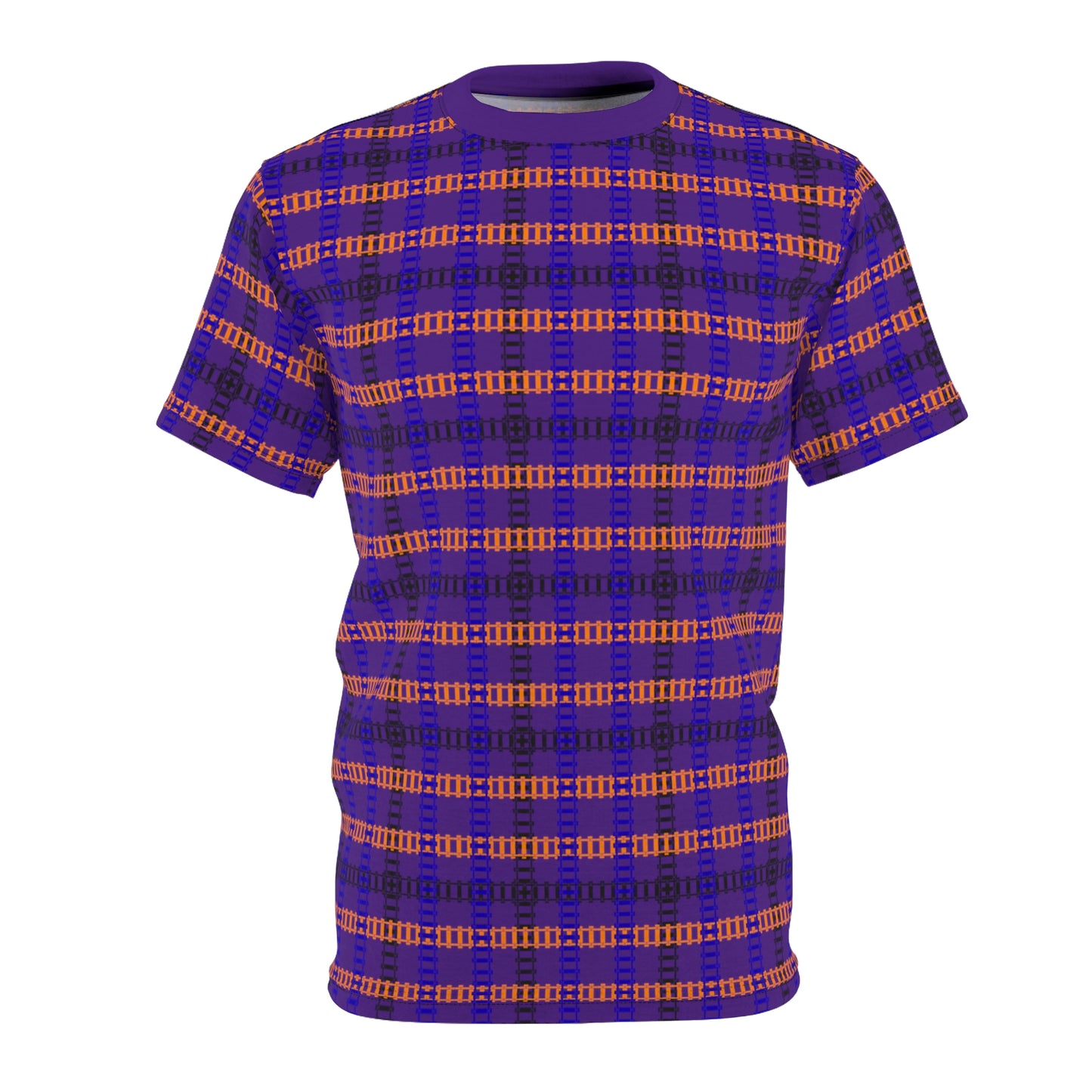 Stylish Plaid Unisex Tee for Everyday Wear Casual Graphics Tee Unique Patterned TShirt Trendy Streetwear Top Perfect Gift for Friends Train Tracks Purple