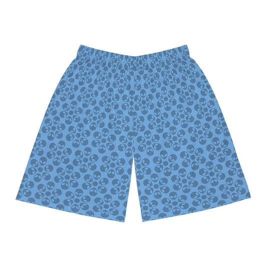 Trendy Skull Pattern Basketball Shorts Summer Activewear Sports Apparel Casual Wear Beach Shorts Gift for Basketball Lovers Alien Flowers Light Blue