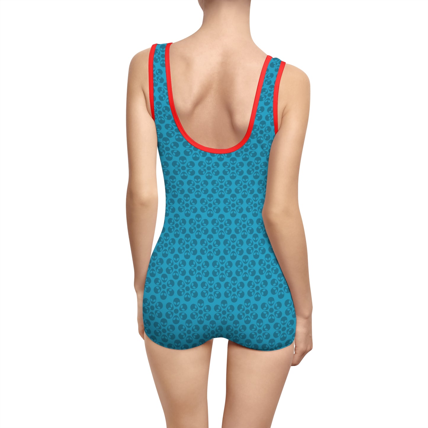 Womens Vintage Swimsuit  Alien Flowers Turquoise
