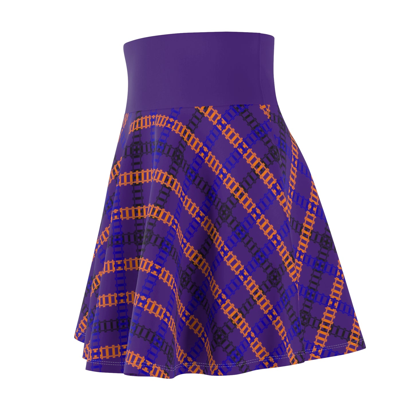 Stylish Womens Plaid Skater Skirt Trendy AOP Skirt Casual Everyday Wear Festive Outfit Summer Fashion 90s Vintage Inspired Train Tracks Purple