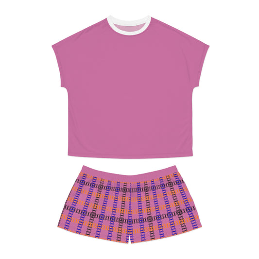 Cozy Womens Pajama Set for Relaxation Sleepwear Loungewear Gift for Her Stylish AOP Design Train Tracks Light Pink