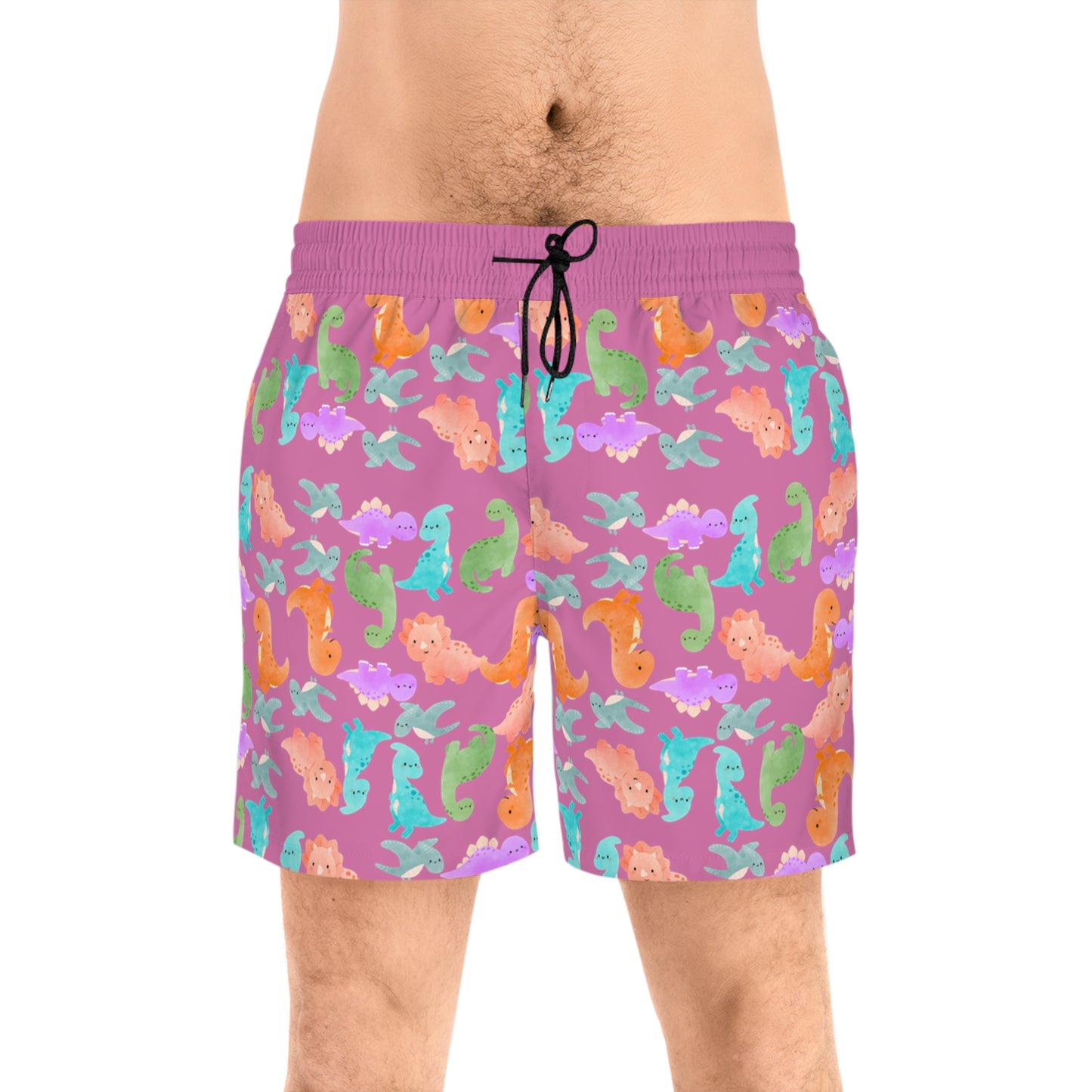 Colorful Dino Swim Shorts for Men | Beachwear Summer Fun Pool Parties Vacation Essentials Nautical Style Rainbow Dinos Light Pink