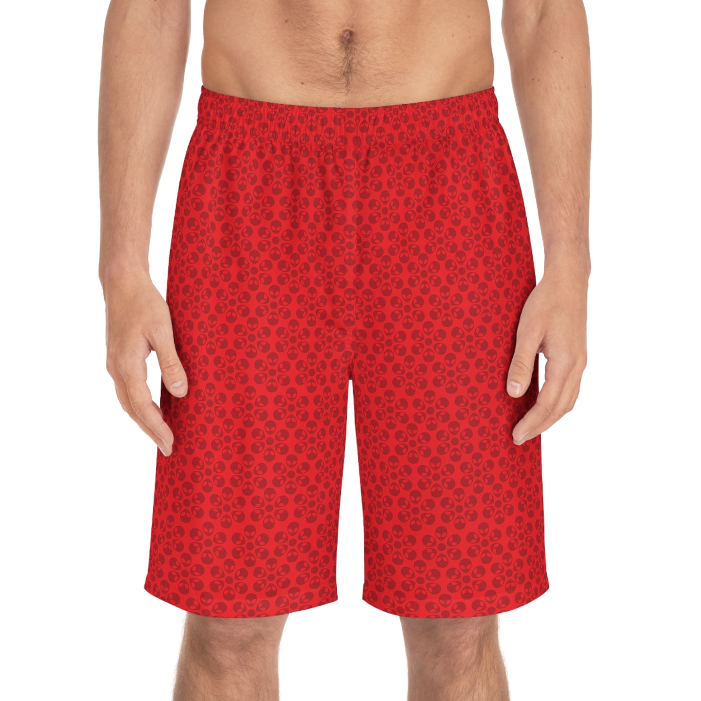 Mens Floral Print Board Shorts Summer Swimwear Beach Attire Vacation Ready Casual Everyday Shorts Alien Flowers Red