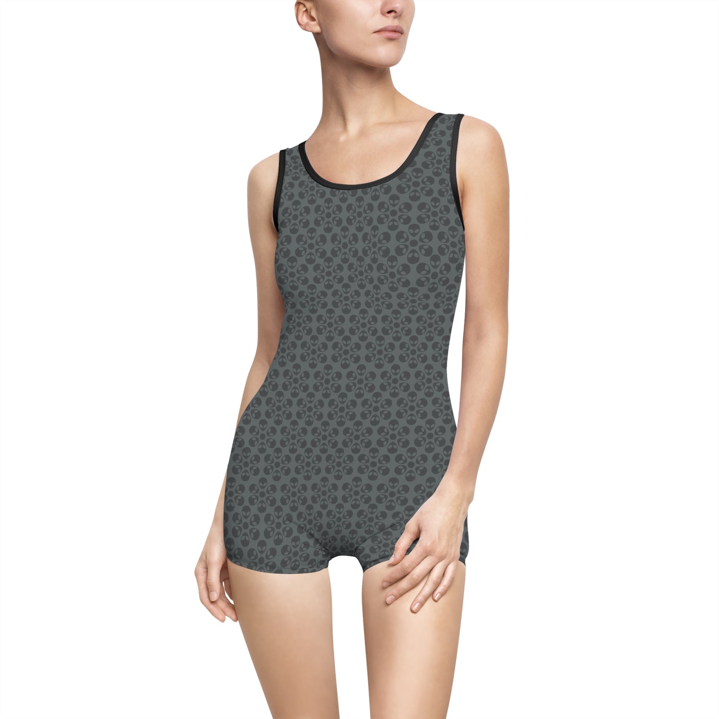 Womens Vintage Swimsuit  Alien Flowers Dark Grey