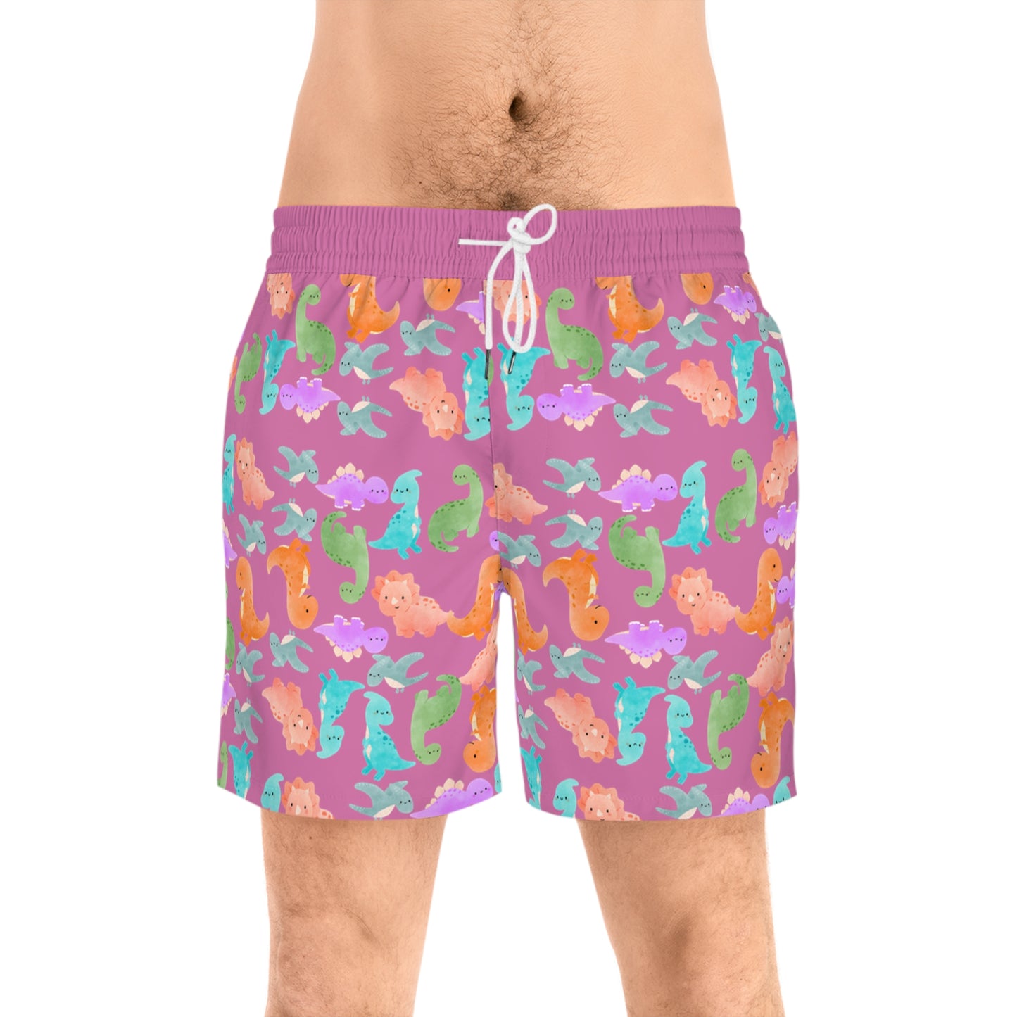 Colorful Dino Swim Shorts for Men | Beachwear Summer Fun Pool Parties Vacation Essentials Nautical Style Rainbow Dinos Light Pink