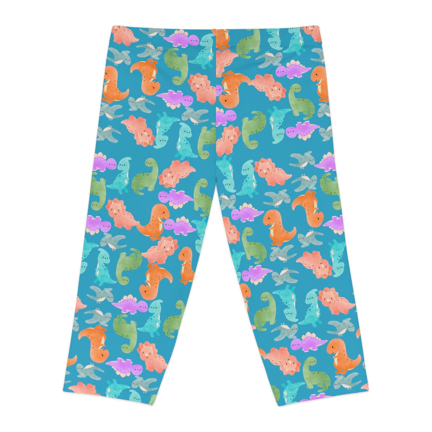 Playful Dino Print Womens Capri Leggings Cute Stretchy Pants for Yoga Casual Outfits Loungewear Gift for Her Rainbow Dinos Turquoise