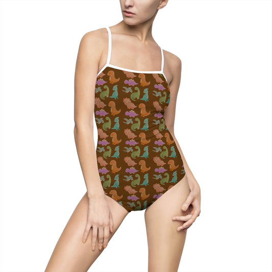 Colorful Dino Pattern One-Piece Swimsuit, Summer Swimwear, Beachwear, Aquatic Adventures, Girls' Swim Fashion - Brown