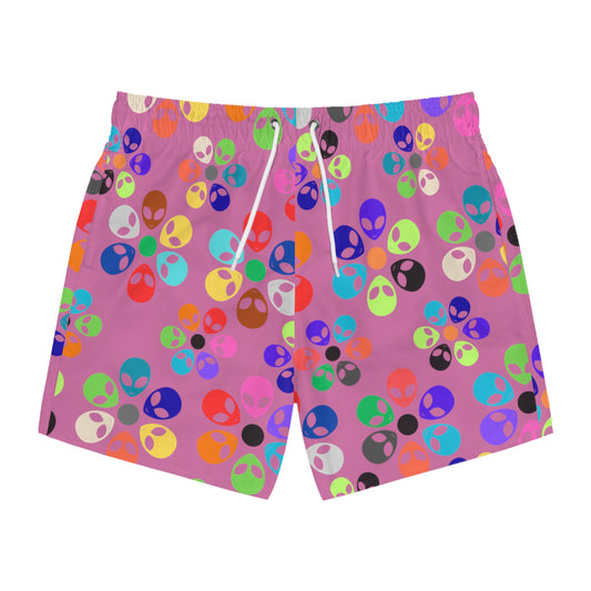 Colorful Alien Print Swim Trunks Fun Summer Beach Shorts Kids Swimwear Vacation Essentials Pool Party Attire Unique Summer Gift Alien Rainbow Flowers Light Pink