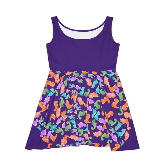 Colorful Dino Womens Skater Dress Summer Outfit Party Dress Casual Dress Boho Dress Festival Wear Rainbow Dinos Purple