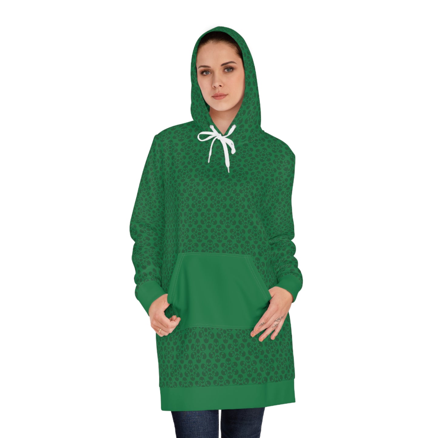 Womens Hoodie Dress  Alien Flowers Dark Green