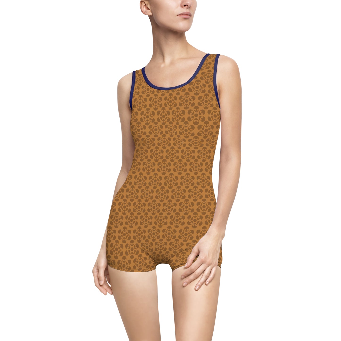 Womens Vintage Swimsuit  Alien Flowers Light Brown
