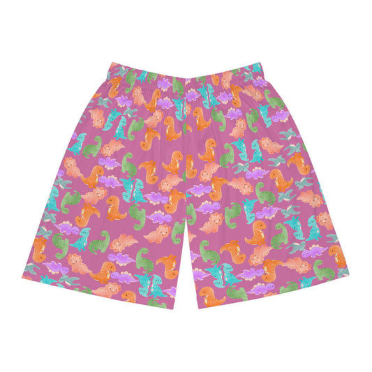 Whimsical Dinosaur Basketball Shorts Fun Playwear Summer Sports Kids Activewear Unique Gifts Playful Outfit Rainbow Dinos Light Pink