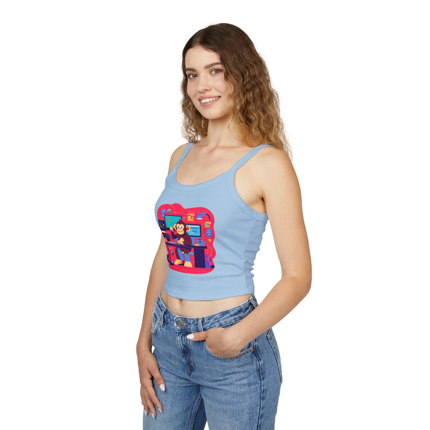 Playful Monkey Graphic Spaghetti Strap Tank Top - Fun Casual Wear, Summer Beach, Gift for Animal Lovers, Cute Pajama Top, Creative [...]