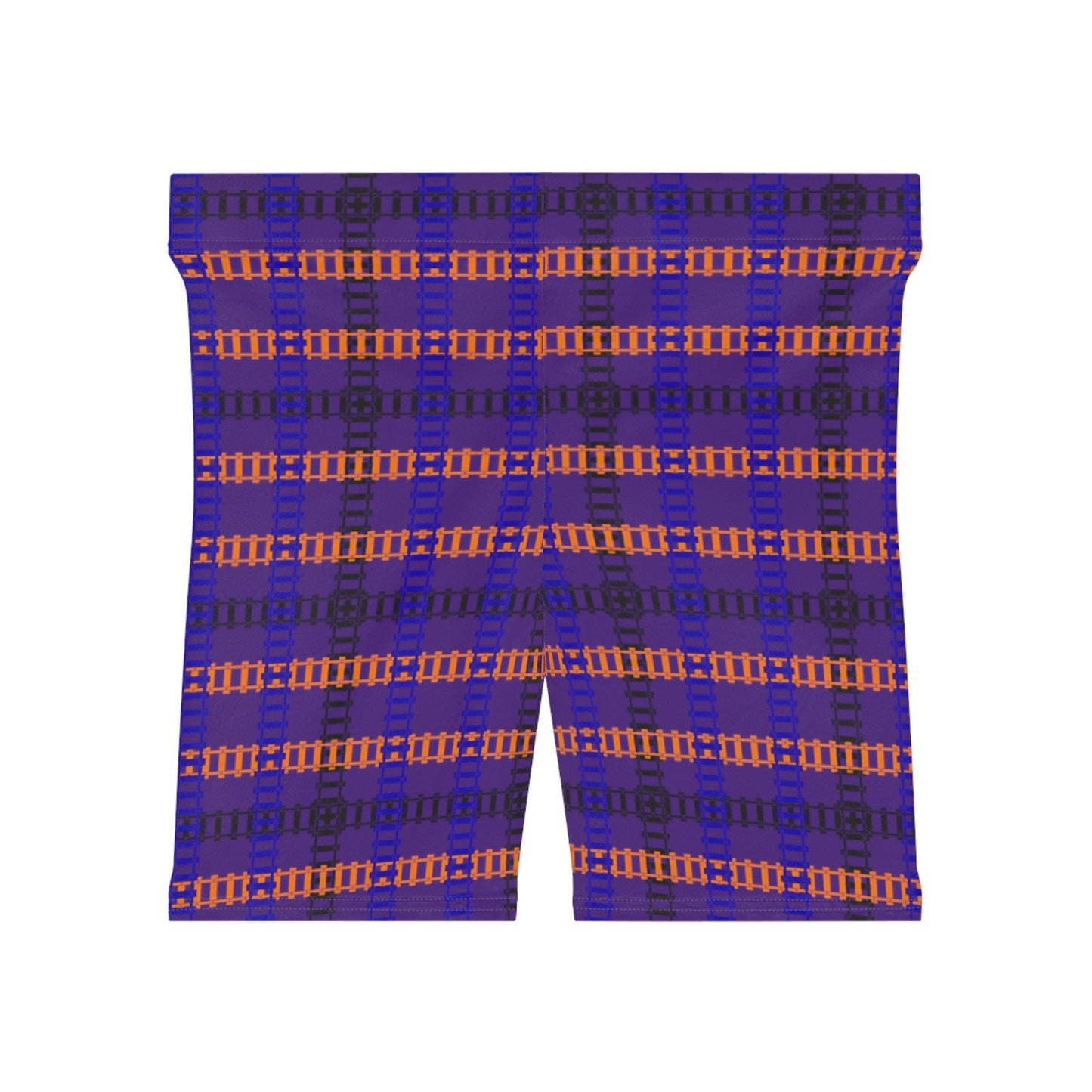 Stylish Womens Biker Shorts  Plaid Pattern Comfortable Activewear Summer Essentials Workout Gear Casual Fashion Gift Idea Train Tracks Purple