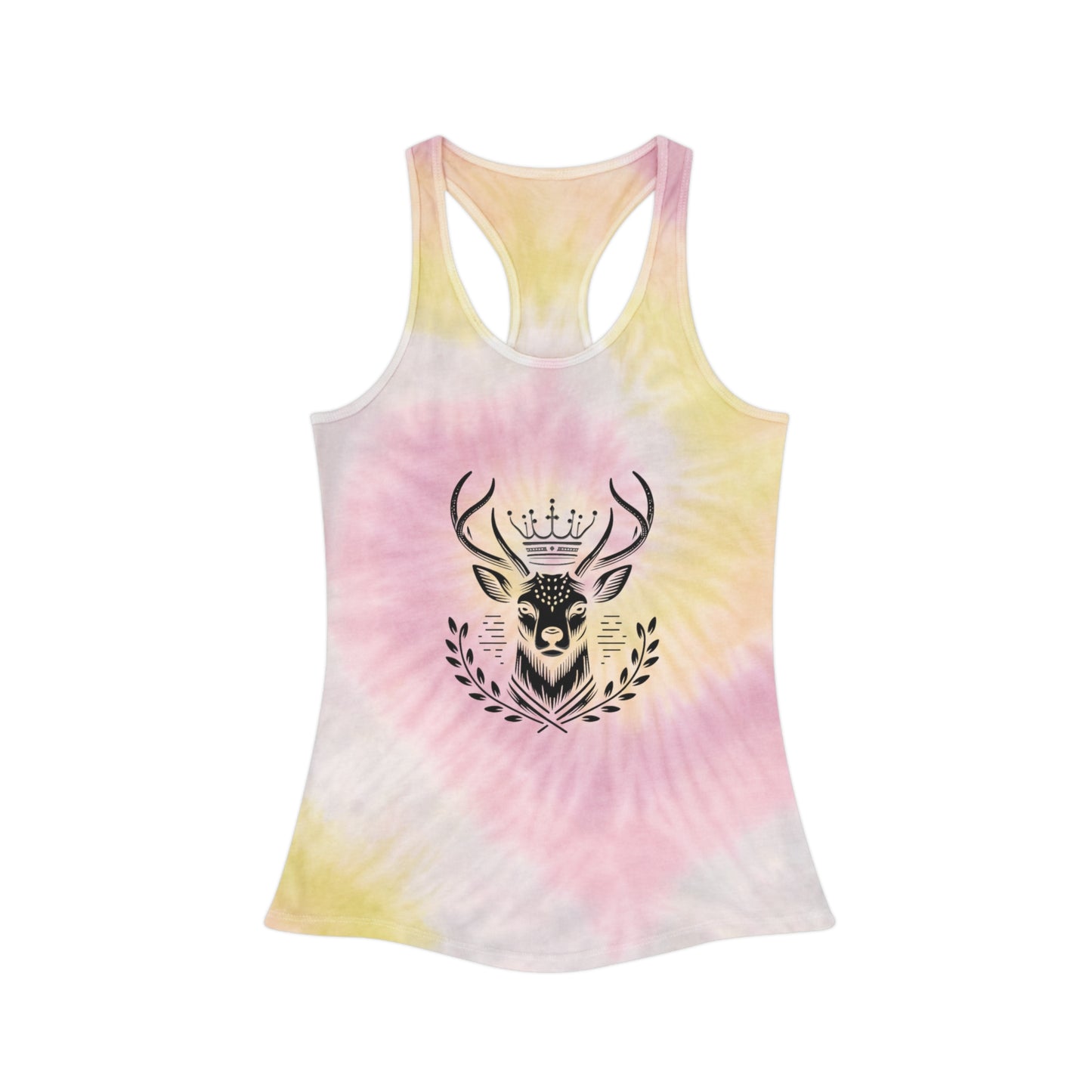 Boho Tie Dye Racerback Tank Top with Crowned Deer Design - Oh Deer Lord