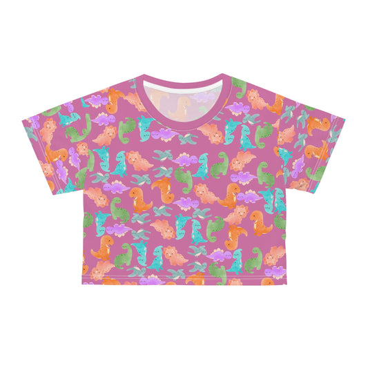 Whimsical Dinosaur Crop Tee for Kids Cheerful Summer Top Fun Gift for Dinosaur Lovers Playful TShirt for Birthdays Trendy Casual Wear Rainbow Dinos Light Pink