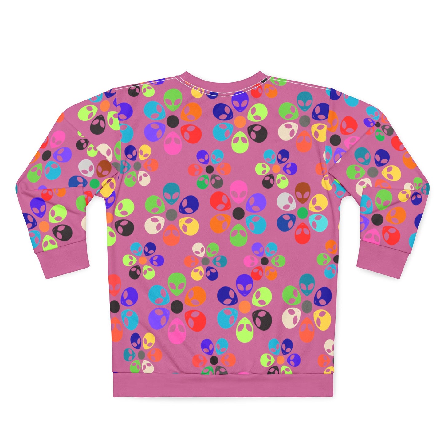 Colorful Alien Graphic Unisex Sweatshirt Fun and Quirky Sweater for Casual Wear Gift for SciFi Lovers Unisex Fashion Trendy Streetwear Alien Rainbow Flowers Light Pink