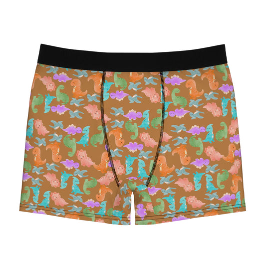 Playful Dino Print Mens Boxer Briefs Fun Underwear Colorful AOP Briefs Gift for Him Beach Vibe Loungewear Rainbow Dinos Light Brown