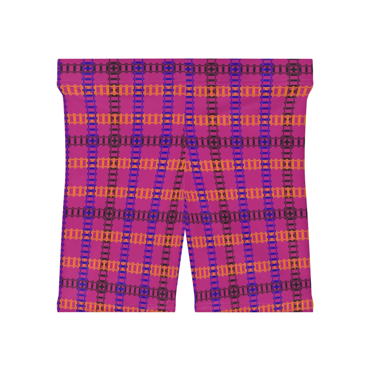 Stylish Womens Biker Shorts  Plaid Pattern Comfortable Activewear Summer Essentials Workout Gear Casual Fashion Gift Idea Train Tracks Pink
