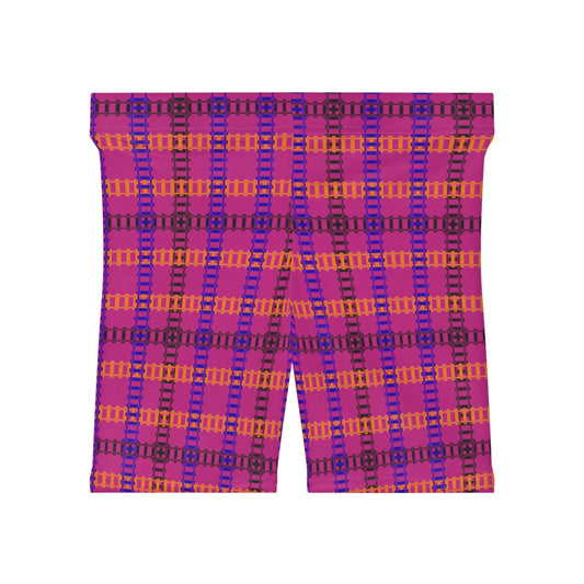 Stylish Womens Biker Shorts  Plaid Pattern Comfortable Activewear Summer Essentials Workout Gear Casual Fashion Gift Idea Train Tracks Pink