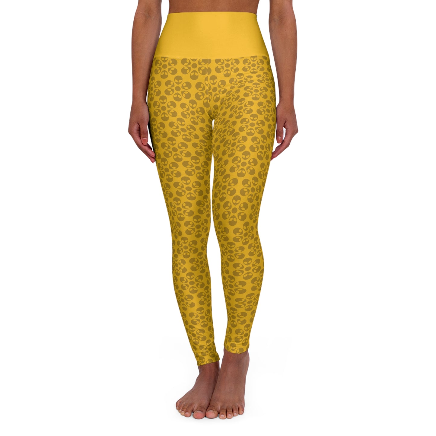 Stylish High Waisted Yoga Leggings Activewear Fitness Leggings Workout Pants Gift for Her Yoga Apparel Alien Flowers Yellow