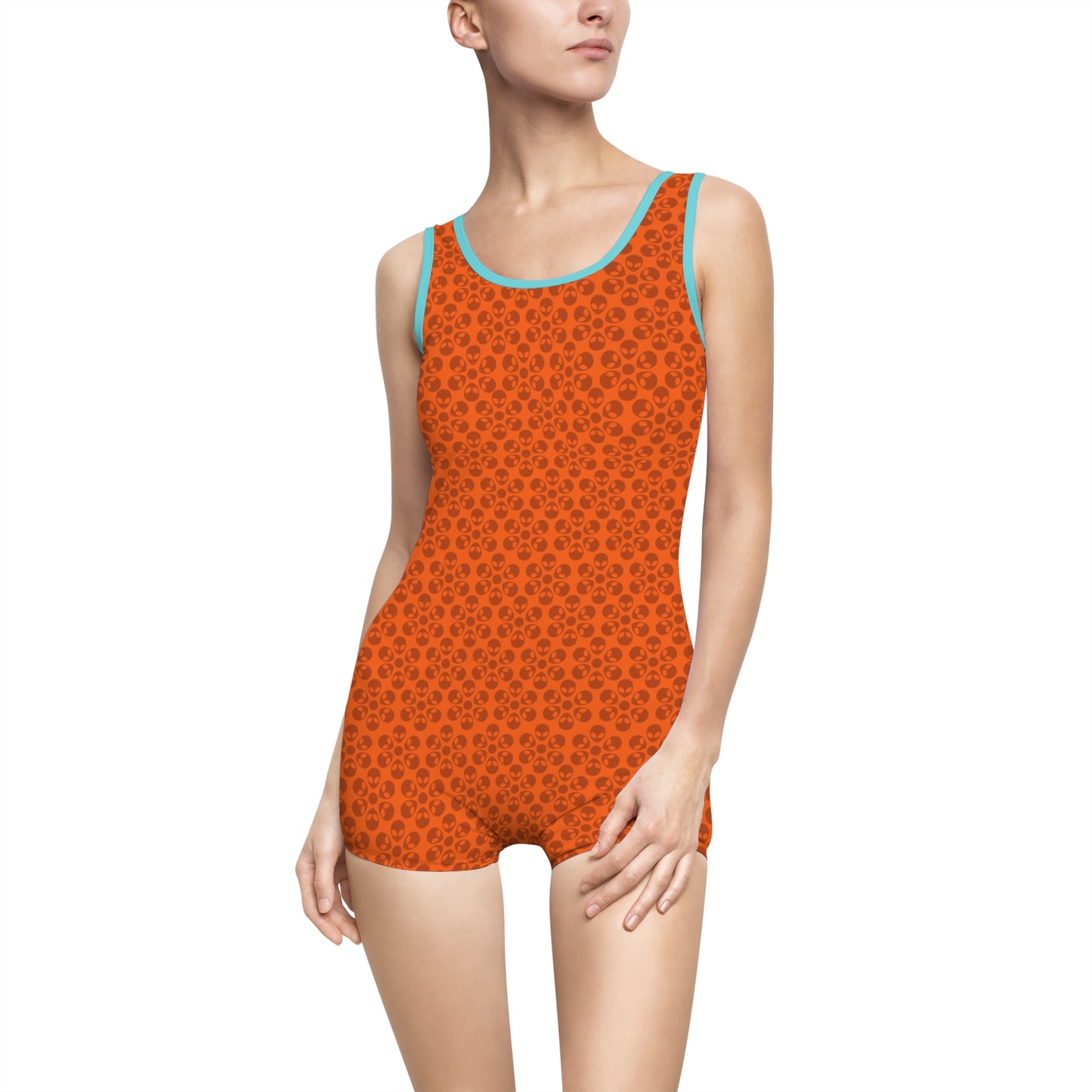 Womens Vintage Swimsuit  Alien Flowers Orange