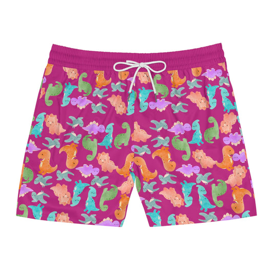 Colorful Dino Swim Shorts for Men | Beachwear Summer Fun Pool Parties Vacation Essentials Nautical Style Rainbow Dinos Pink