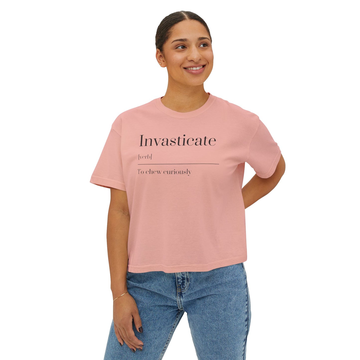 Curious Adventure Women's Boxy Tee, Casual Summer Top, Gift for Foodies, Vintage Inspired Shirt, Chew Curiously Tee