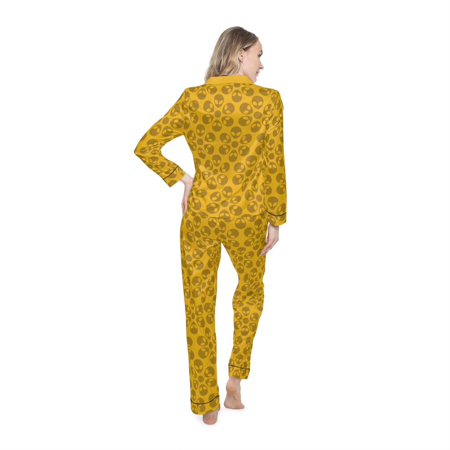 Womens Satin Pajamas  Alien Flowers Yellow