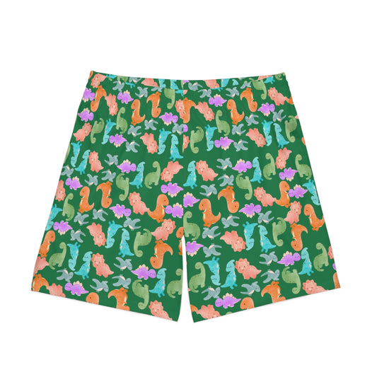 Colorful Dino Beach Shorts for Men Summertime Swimwear Vacation Essentials Pool Party Attire Trendy Summer Apparel Rainbow Dinos Dark Green
