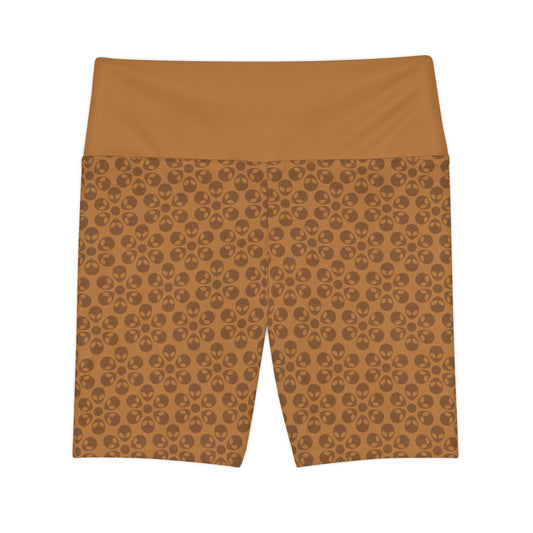 Womens Workout Shorts  Alien Flowers Light Brown