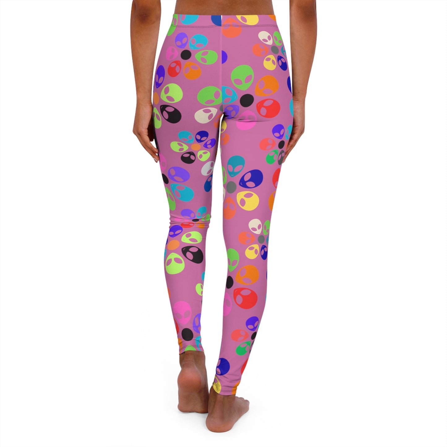 Colorful Alien Print Spandex Leggings Fun Workout Pants Casual Everyday Wear Gift for SciFi Lovers Unique Fashion Leggings Alien Rainbow Flowers Light Pink