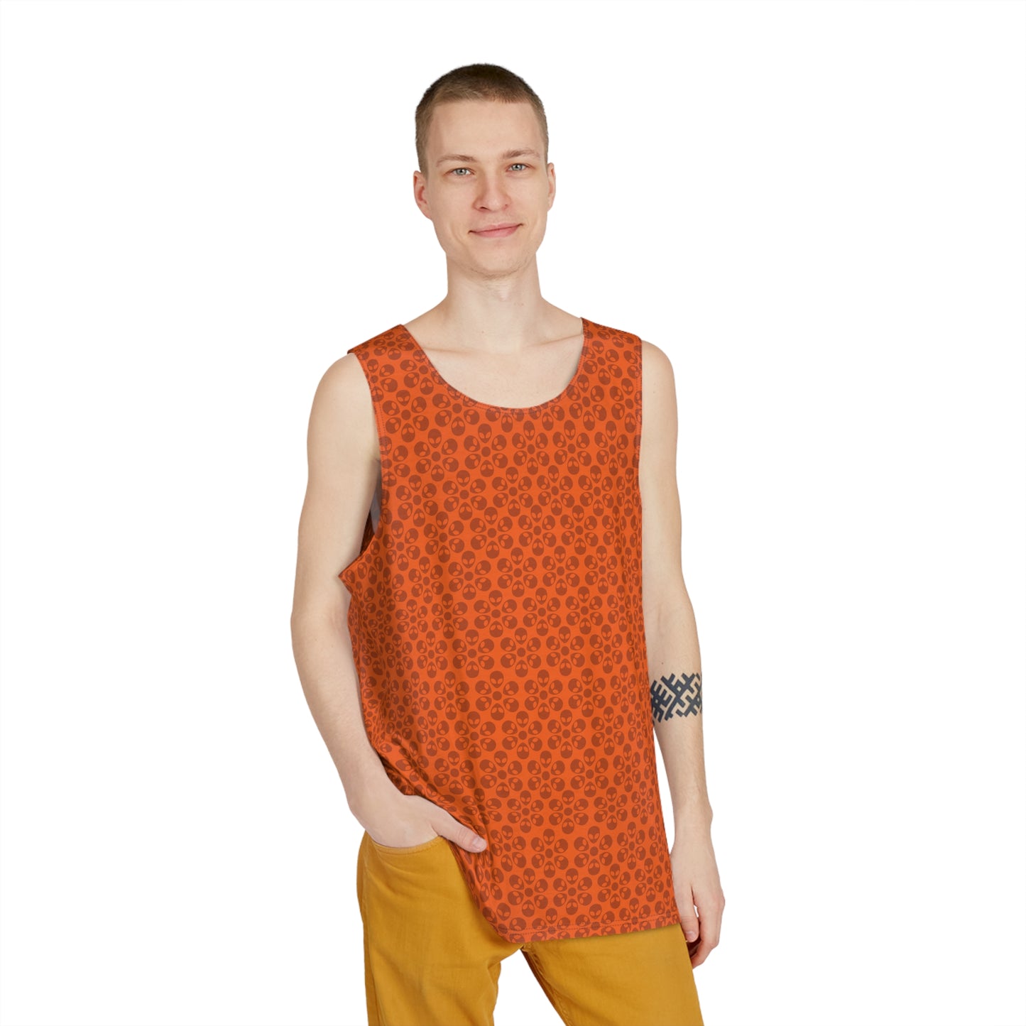 Stylish Mens Tank Top  AOP Leopard Print Summer Wear Fitness Gear Casual Apparel Trendy Vacation Outfit Alien Flowers Orange