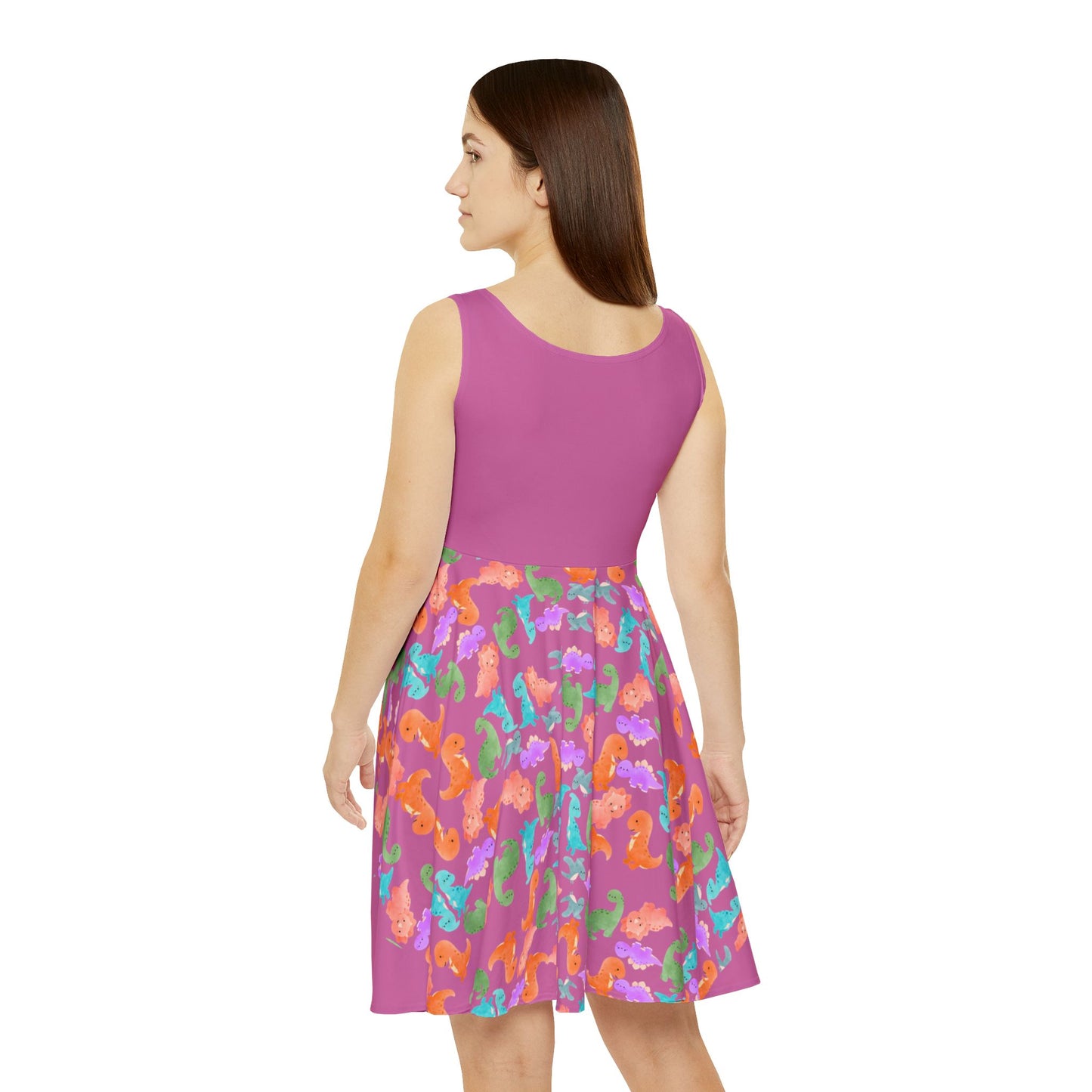 Colorful Dino Womens Skater Dress Summer Outfit Party Dress Casual Dress Boho Dress Festival Wear Rainbow Dinos Light Pink