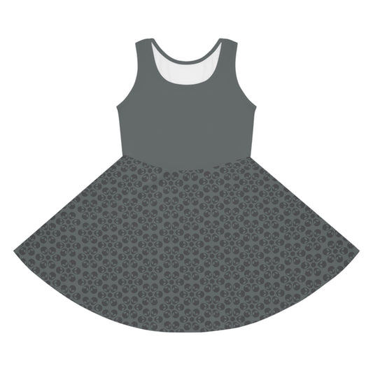 Girls Floral Sleeveless Sundress Cute Summer Dress Kids Fashion Birthday Outfit Playful Floral Pattern Spring Dress Alien Flowers Dark Grey