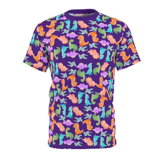 Vibrant Dino Pattern Tee for Ocean Lovers Perfect for Summer Casual Wear Gift for Beach Lovers Tropical Vibe Clothing Rainbow Dinos Purple