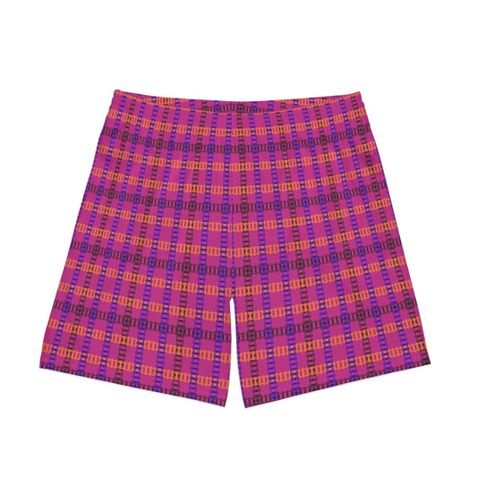 Mens Elastic Beach Shorts  Vibrant Plaid Print Casual Swimwear Summer Essentials Vacation Attire Poolside Fashion Beach Day  Train Tracks Pink